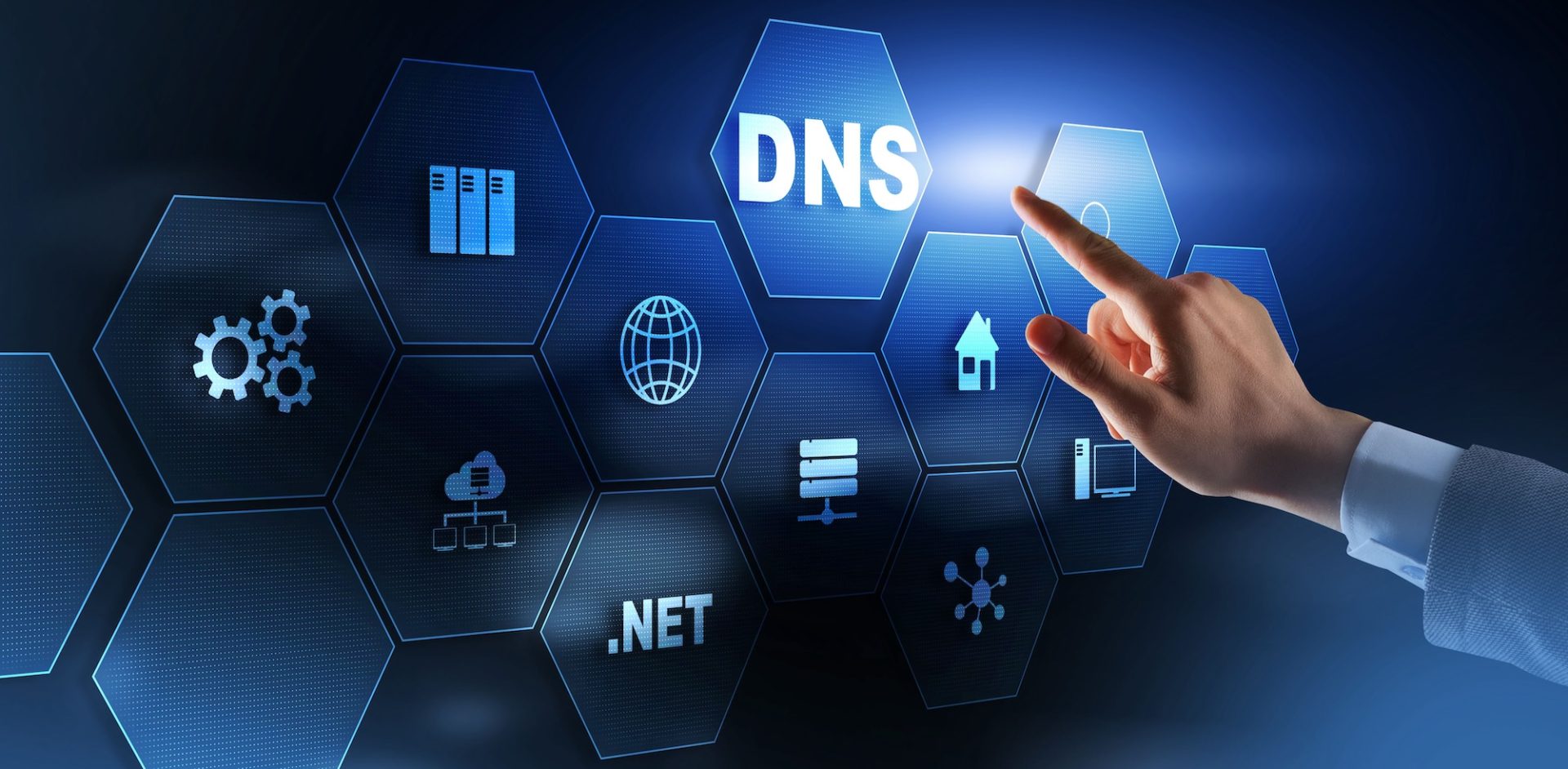A hand is reaching towards a digital interface displaying the term "DNS" among various icons representing technology and networking, including gears, a globe, and server symbols.