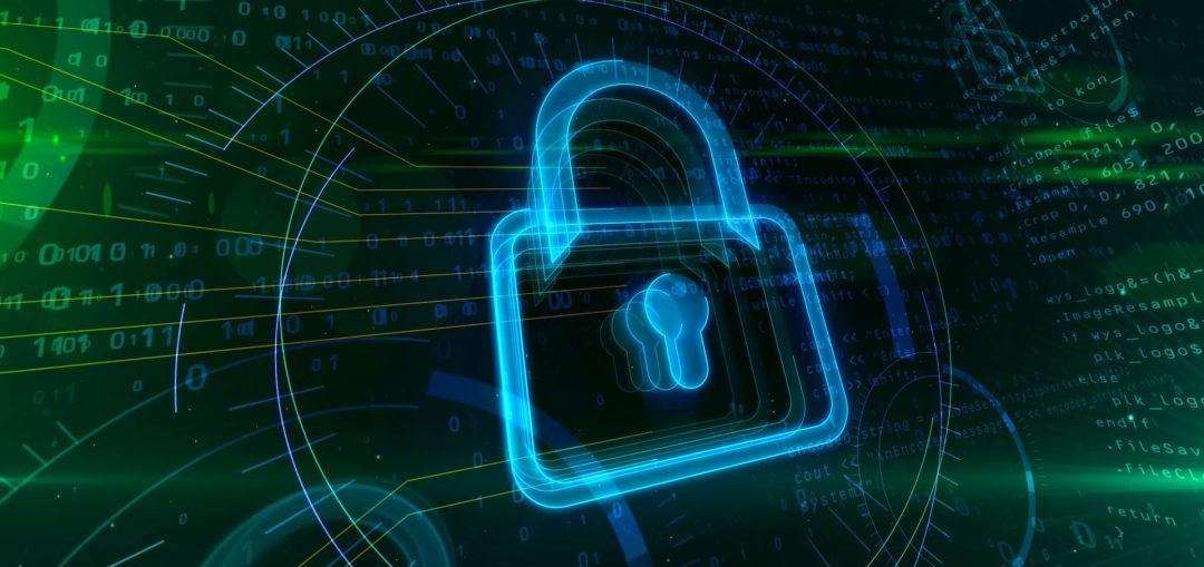 A glowing blue padlock icon symbolizes security and protection against cyber threats, set against a dark background filled with binary code and digital patterns, representing DNS monitoring and the importance of safeguarding DNS infrastructure.