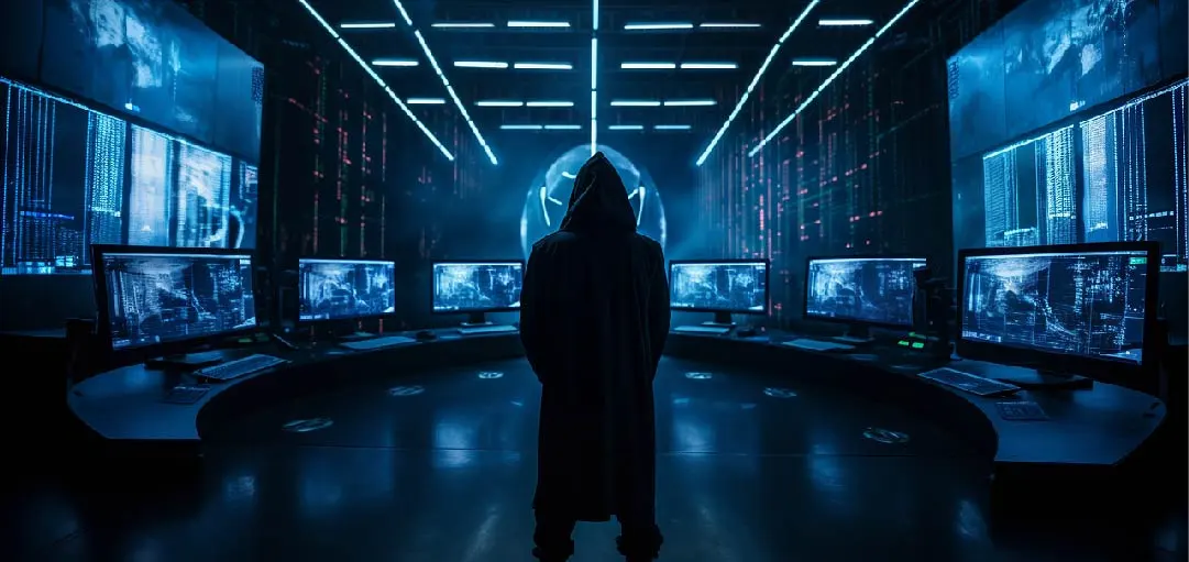 A figure in a dark hooded cloak stands in a dimly lit room filled with multiple computer monitors displaying various data and graphics. The environment is characterized by a high-tech aesthetic, with blue lighting and digital screens that suggest themes of cybersecurity, DNS security, and vulnerability to cyber attacks, including website hijacking.