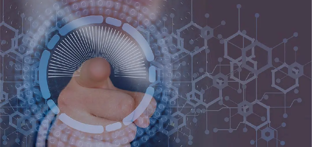 A person is pointing a finger towards a digital interface featuring circular and linear graphic elements, symbolizing DNS monitoring and cyber security. The background includes abstract representations of data and technology, emphasizing a modern, tech-savvy environment.