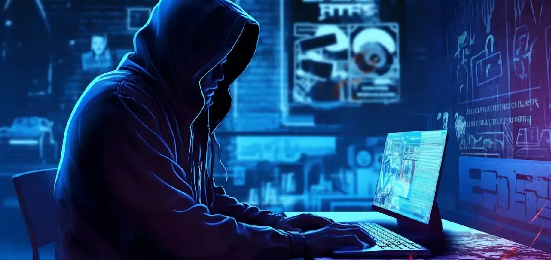 suspicious-man-in-hood-comitting-a-cyber-crime A hooded individual is focused on a laptop in a dimly lit room filled with digital graphics and data. The blue lighting enhances a tech-savvy atmosphere, suggesting themes of cybersecurity and DNS monitoring. The screen displays various data points that could relate to DNS activities, emphasizing the importance of protecting DNS and monitoring networks effectively.