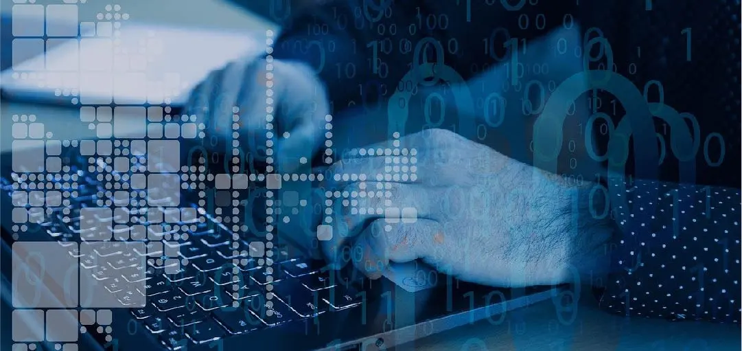A close-up image of hands typing on a laptop keyboard, overlaid with digital graphics including binary code and geometric patterns. The scene conveys themes of cybersecurity, highlighting the importance of DNS security in the context of cyber attacks and cyber crime.