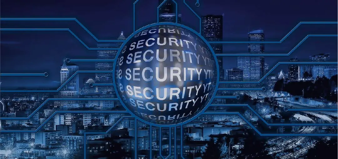 security-circle-network A digital globe displaying the word "SECURITY" prominently, surrounded by a network of blue circuitry lines against a dark cityscape backdrop. The image symbolizes DNS security and DNS monitoring, emphasizing the importance of preventing cyber attacks and combating cyber crime.