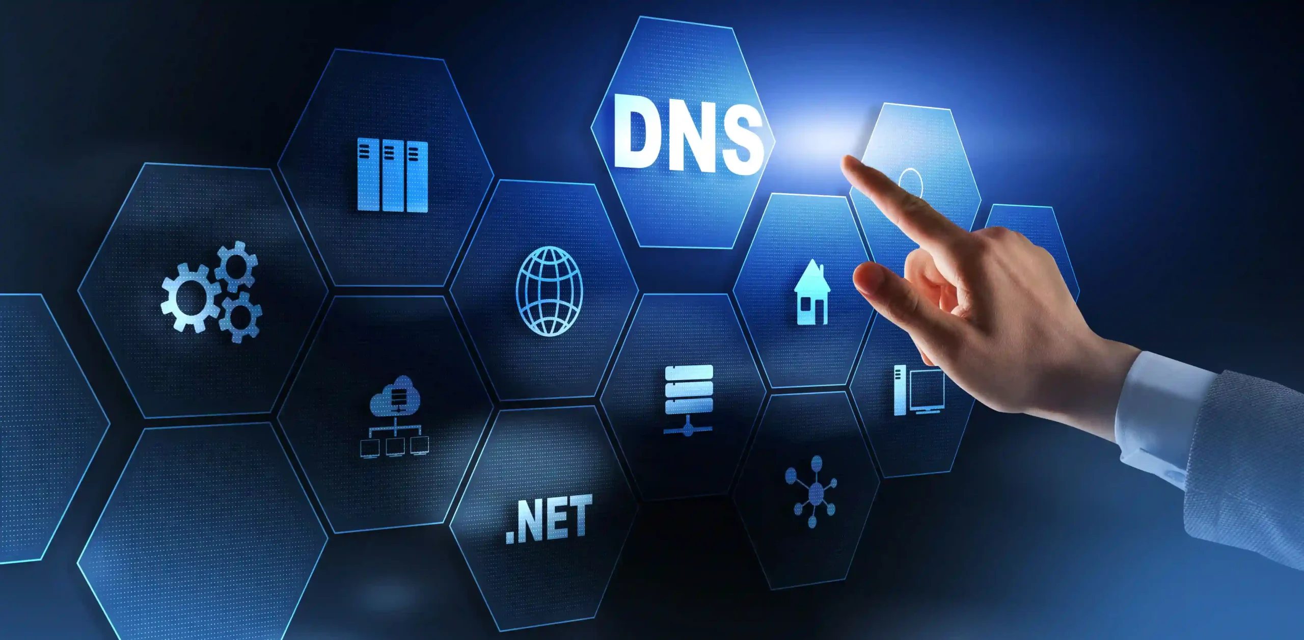 A hand is reaching towards a digital interface displaying the term "DNS" among various icons representing technology and networking, including gears, a globe, and server symbols.