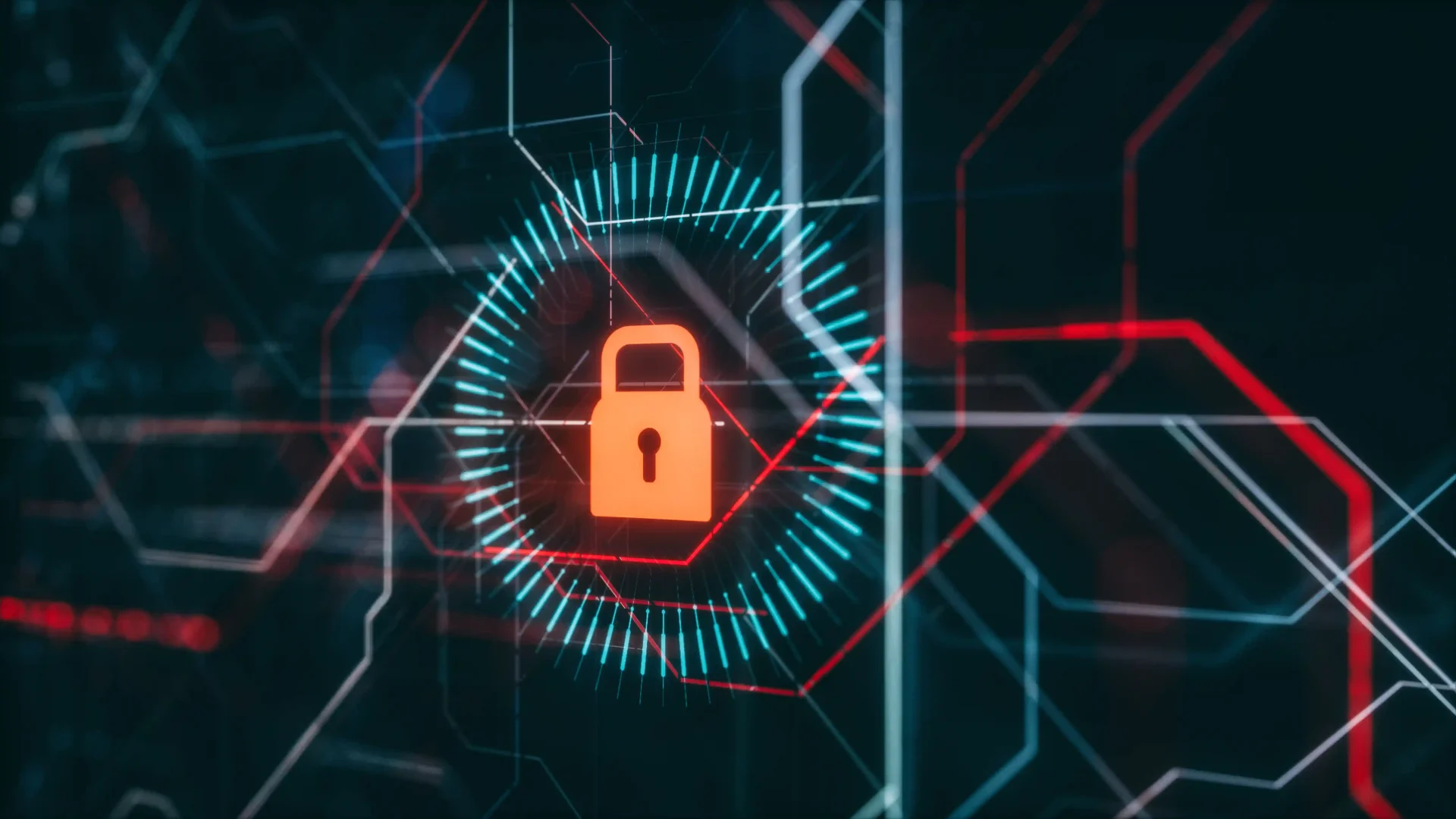 A digital lock icon is centrally positioned against a dark background, surrounded by vibrant circular patterns in blue and red, symbolizing DNS security and DNS monitoring. The image reflects themes of cyber attack prevention and protection against DNS attacks, emphasizing the importance of safeguarding against DNS infringement.