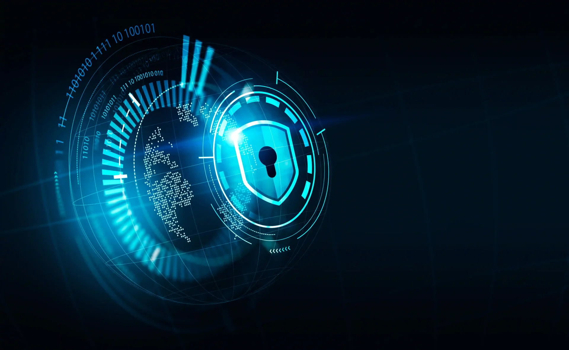 A digital representation of global cybersecurity, featuring a glowing blue shield with a keyhole symbol, surrounded by a network of data points and binary code. This image emphasizes DNS security, DNS monitoring, and surveillance, highlighting the importance of preventing cyber attacks and DNS infringement in a digitally connected world.