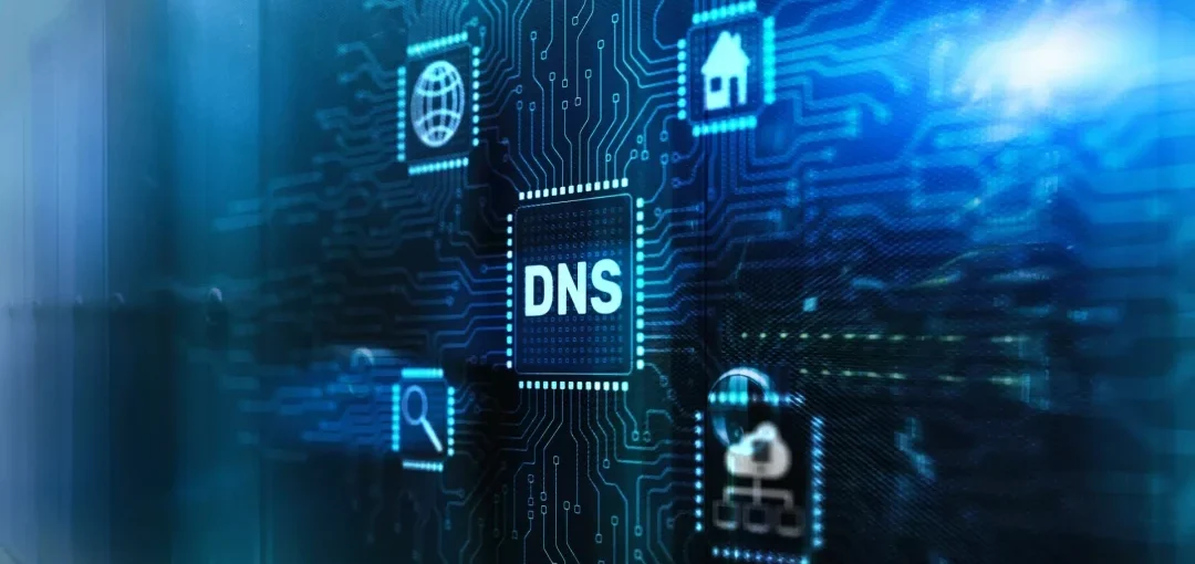 Digital interface displaying "DNS" surrounded by icons representing web and network functions, emphasizing DNS security, monitoring, and surveillance.