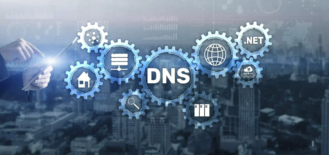 Conceptual graphic of DNS gears and domain icons over a cityscape, illustrating how DNS infrastructure connects users, servers, and SEO performance.