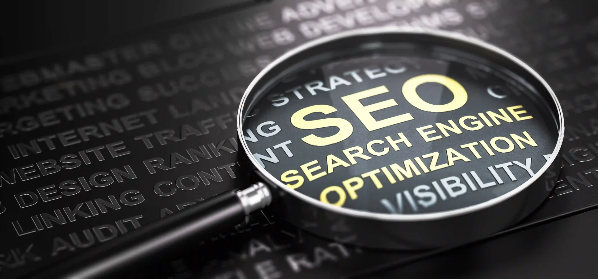 Magnifying glass highlighting the words Search Engine Optimization, illustrating how SEO improves website visibility and helps users find relevant content online.