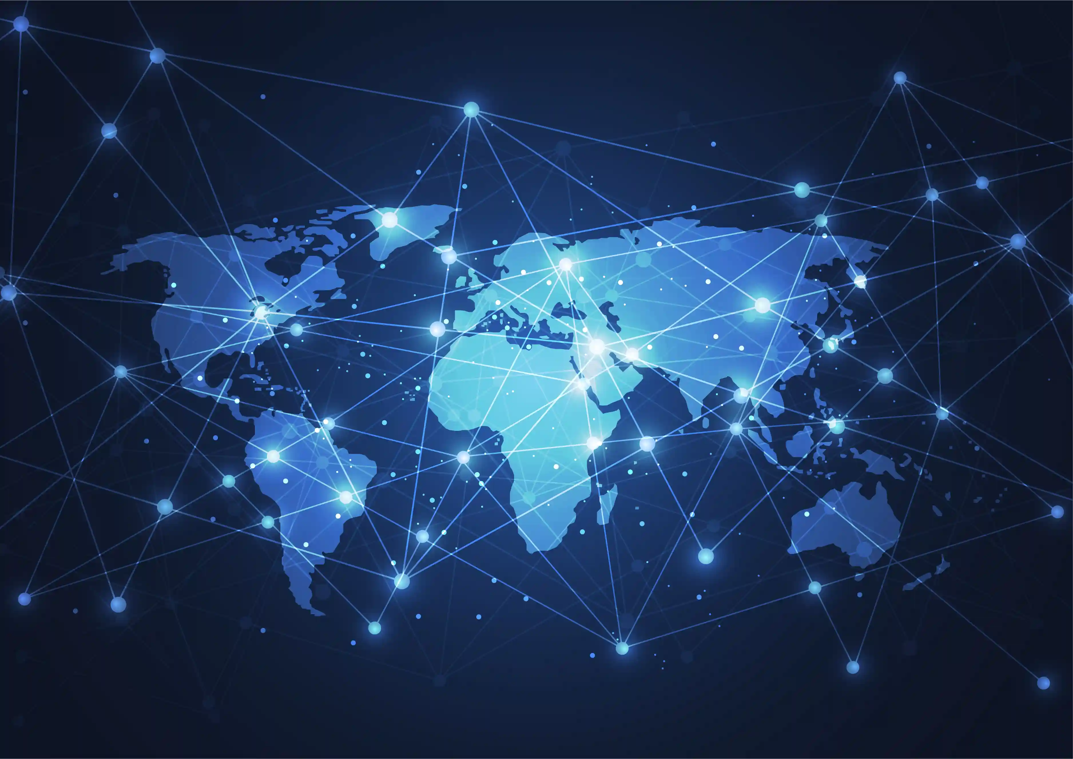 Global world map with connected nodes and lines, representing DNS infrastructure, distributed servers, and how global connectivity influences SEO performance.